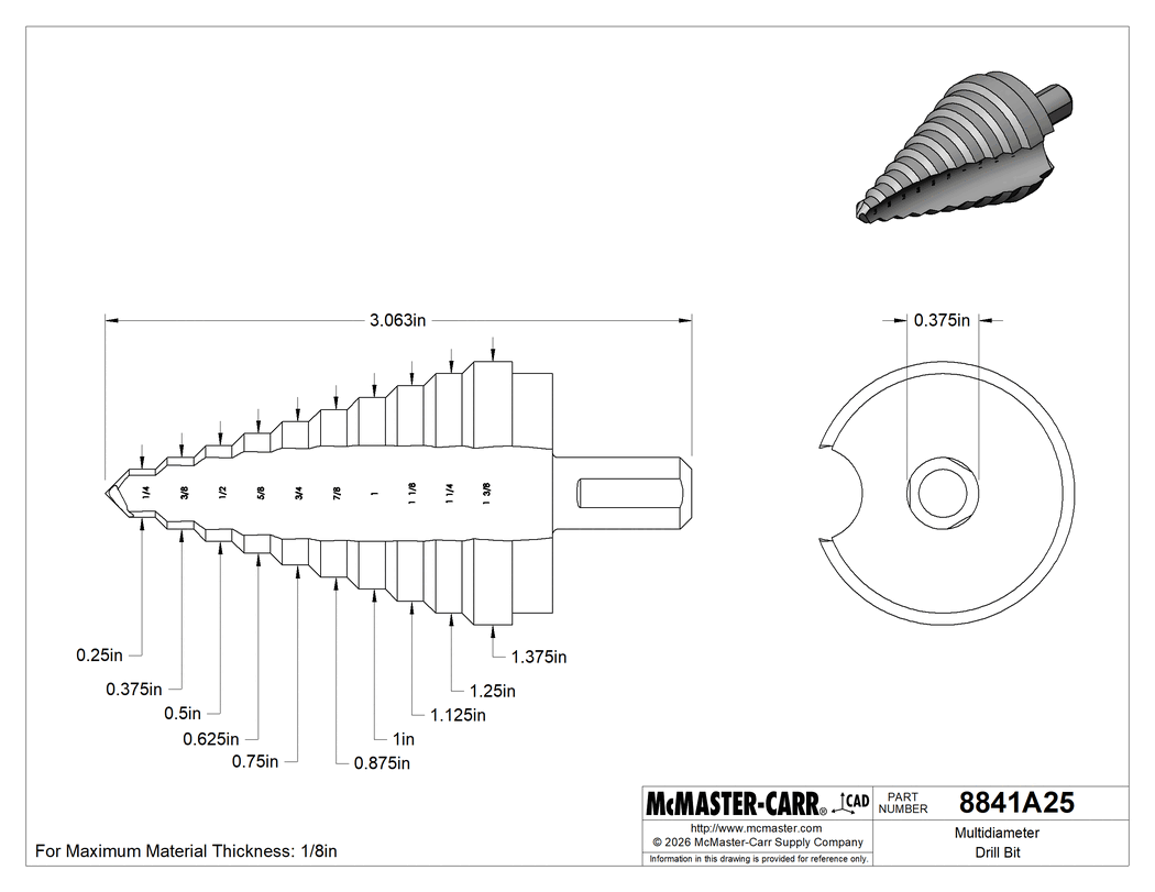 Technical Drawing of Multidiameter Drill Bit, Uncoated High-Speed Steel, 10 Inch Sizes, 3-1/8" Long.
